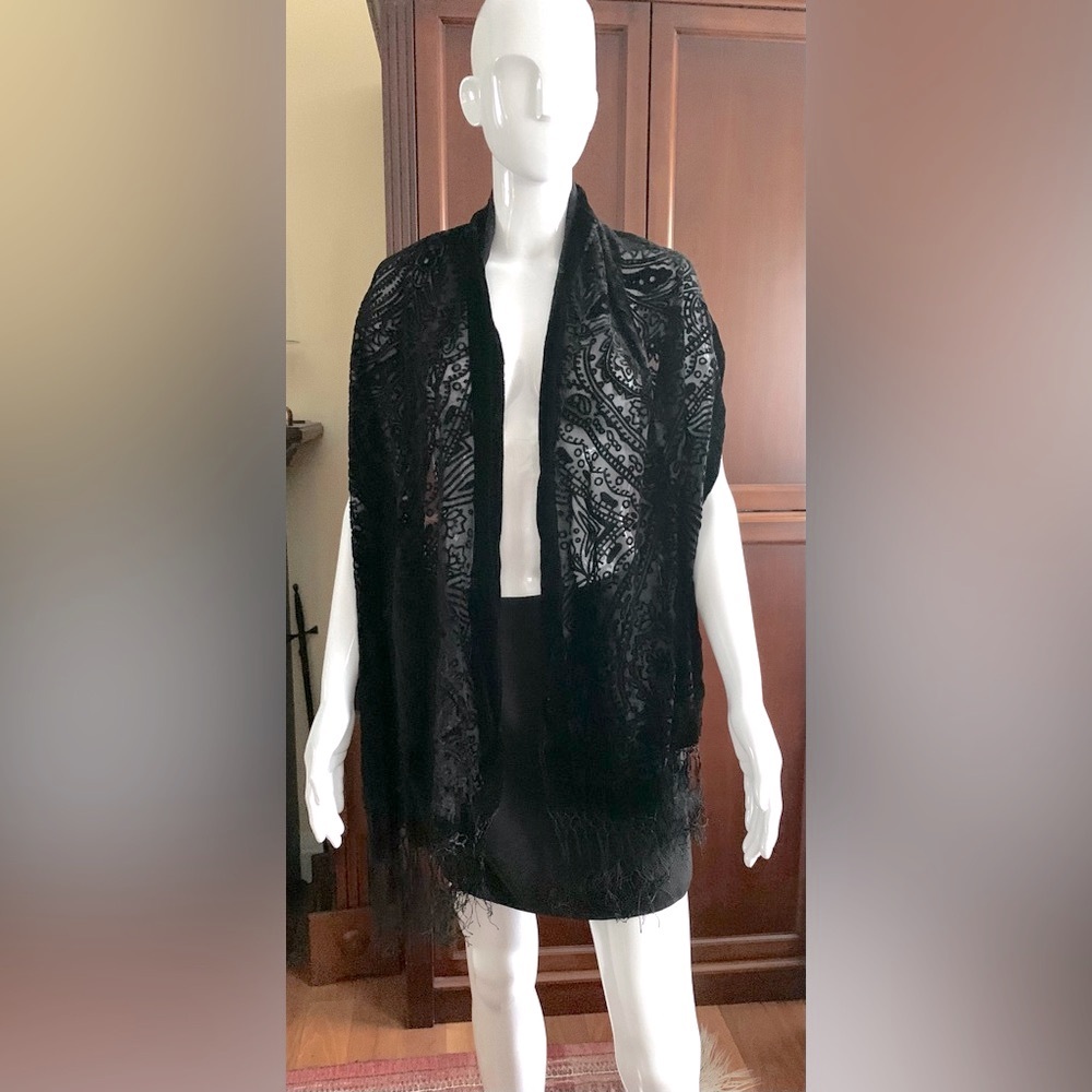 Black Rectangular Shawl Long Wrap Scarf Black She… - image 3